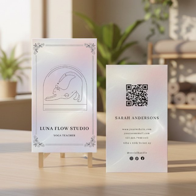 Minimalist Holographic Yoga Studio QR Code Business Card (Creator Uploaded)