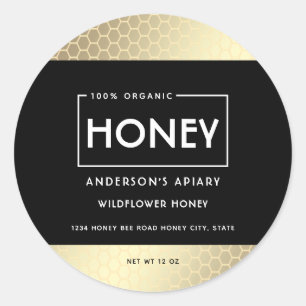 Minimalist honey comb typography black gold classic round sticker