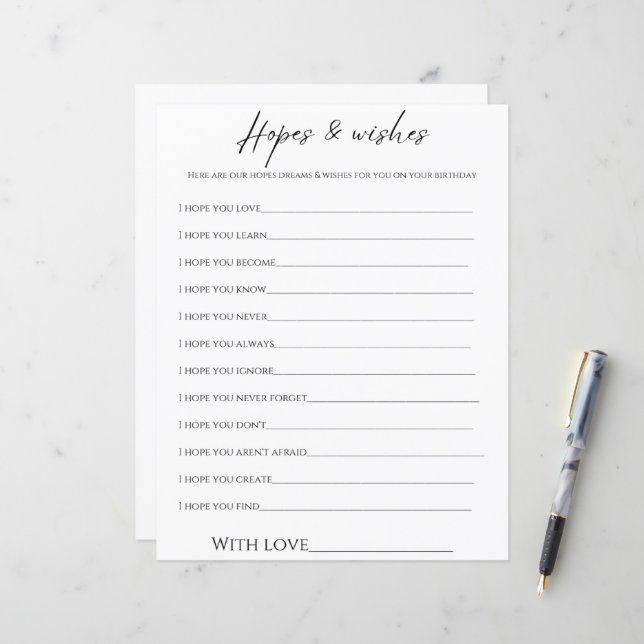 Minimalist hopes & wishes birthday game card (Front/Back In Situ)