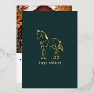 Minimalist Horse Line Drawing Green Equestrian Foil Holiday Card