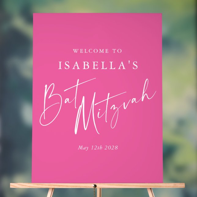 Minimalist Hot Pink Custom Bat Mitzvah Welcome Acrylic Sign (Neutral)