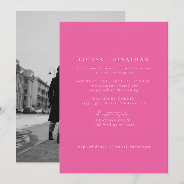 Minimalist Hot Pink Formal Script Photo Wedding Invitation (Front/Back)
