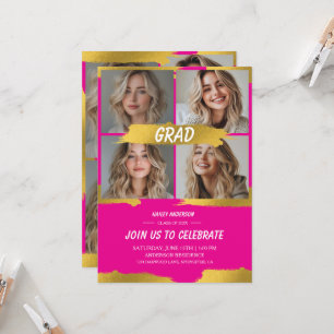 Minimalist Hot Pink Gold 4Photo Graduation Party  Invitation