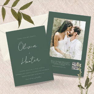 Minimalist Hunter Green QR Code Photo Wedding Invitation