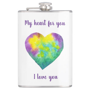 Minimalist I love you rainbow watercolor heart  Hip Flask