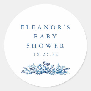 Minimalist Indigo Blue Ink Botanical Baby Shower Classic Round Sticker