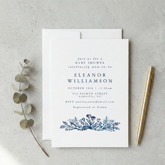 Minimalist Indigo Blue Ink Botanical Baby Shower Invitation (Creator Uploaded)