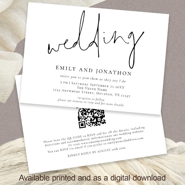 Minimalist Informal Script QR Code Wedding Invitation (Front and back view)