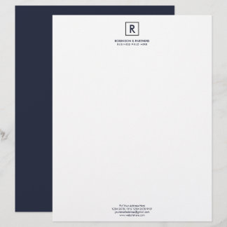 Minimalist Initial in Square Frame in Dark Blue Letterhead