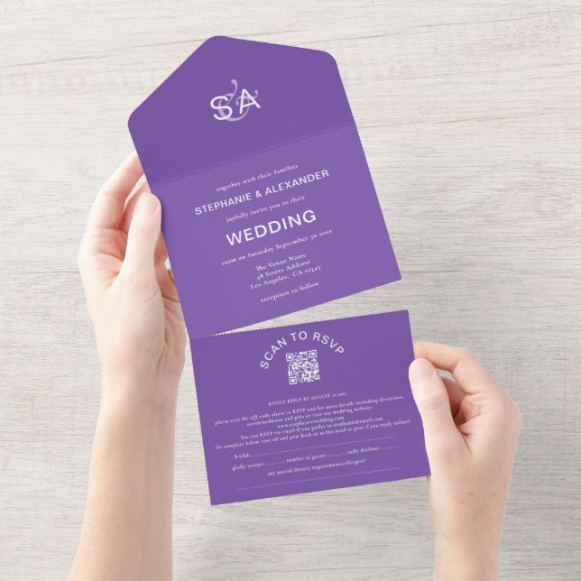 Minimalist Initials QR Code Purple Wedding All In One Invitation (Tearaway)