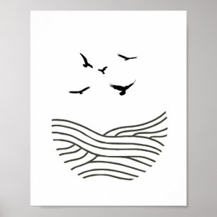 Minimalist Ink Birds Sea AbstractArt in Black Poster