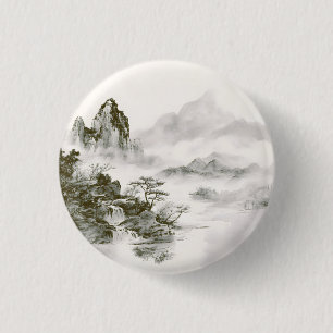 Minimalist Ink Misty Zen Mountain Landscape 1 Inch Round Button