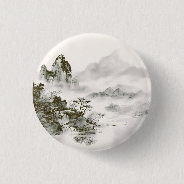 Minimalist Ink Misty Zen Mountain Landscape 1 Inch Round Button (Front)