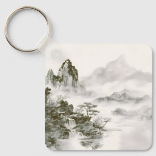 Minimalist Ink Misty Zen Mountain Landscape Keychain