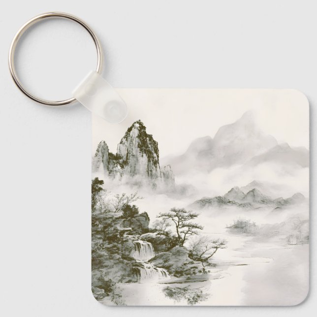 Minimalist Ink Misty Zen Mountain Landscape Keychain (Front)