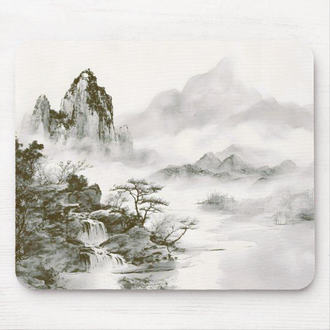 Minimalist Ink Misty Zen Mountain Landscape Mouse Pad (Front)