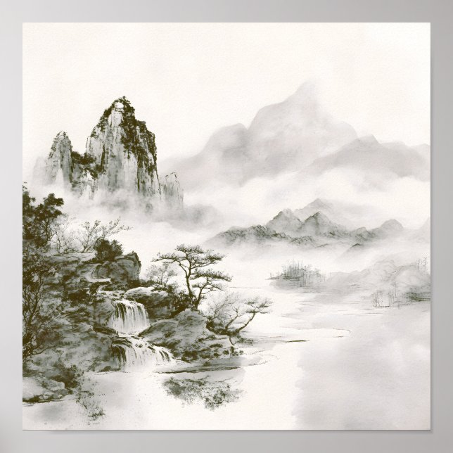 Minimalist Ink Misty Zen Mountain Landscape Poster (Front)