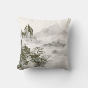 Minimalist Ink Misty Zen Mountain Landscape Throw Pillow