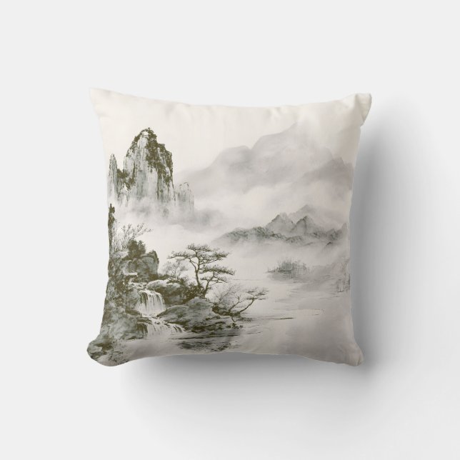 Minimalist Ink Misty Zen Mountain Landscape Throw Pillow (Front)