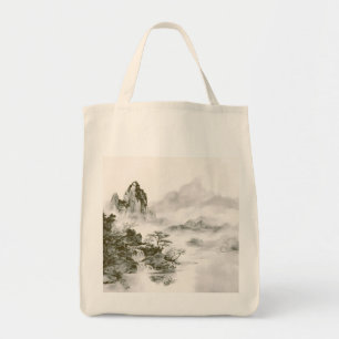 Minimalist Ink Misty Zen Mountain Landscape Tote Bag