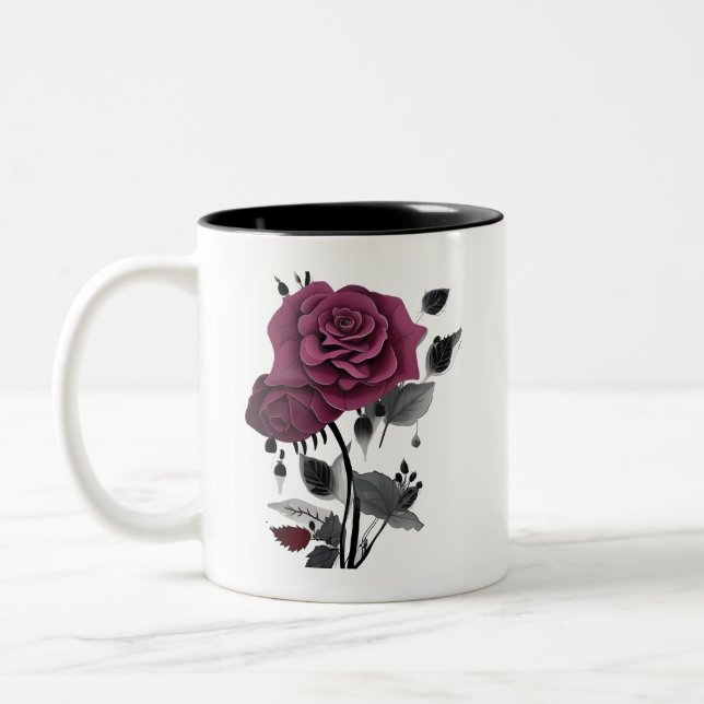 Minimalist Ink Rose Abstract Floral Design Two-Tone Coffee Mug (Left)