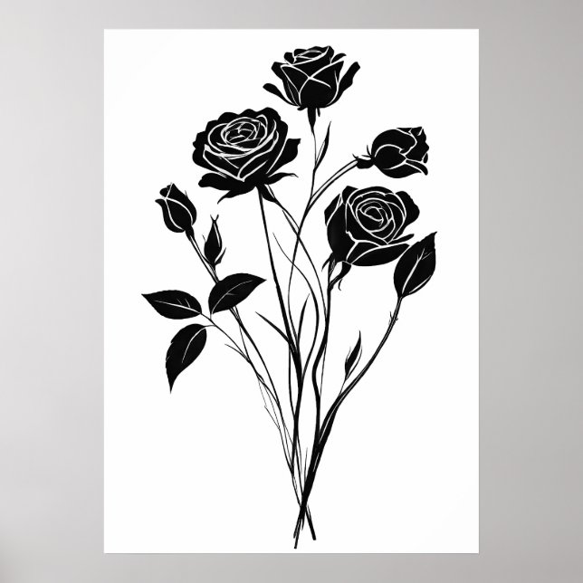Minimalist Ink Roses Abstract Floral Art in Black Poster (Front)