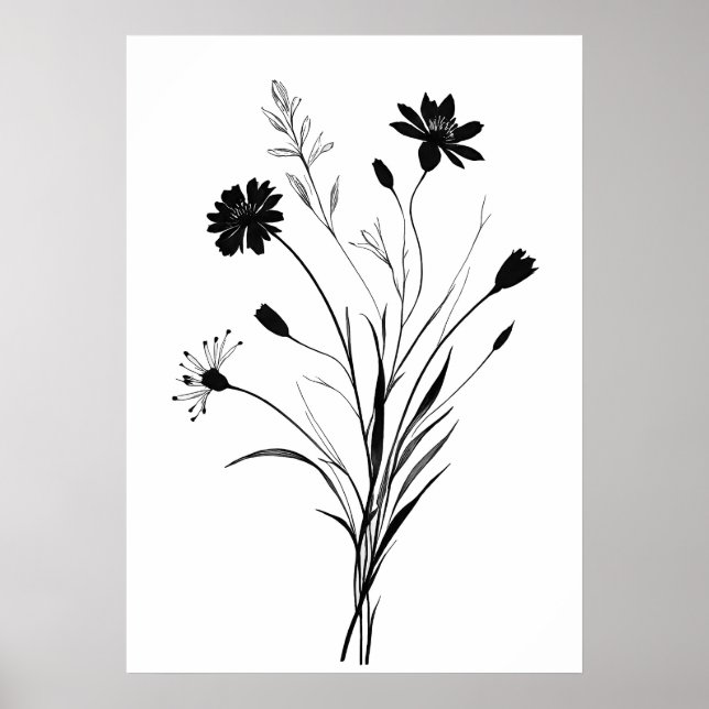 Minimalist Ink Wildflowers black and white flower  Poster (Front)