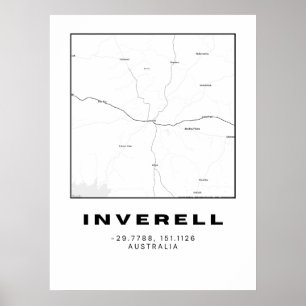 Minimalist Inverell Map with Coordinates   Black a Poster