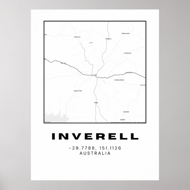 Minimalist Inverell Map with Coordinates | Black a Poster (Front)