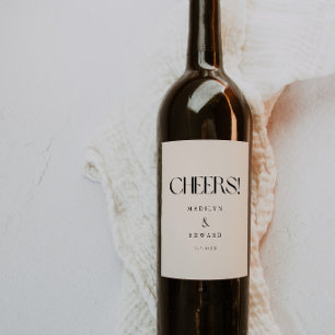 Minimalist Ivory "Cheers!" Custom Wedding Names Wine Label