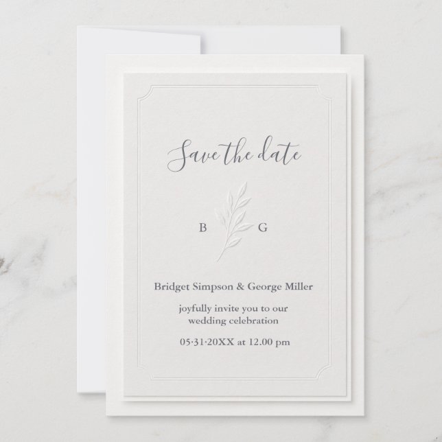 Minimalist Ivory Leaf Branch monogram Wedding Invitation (Front)