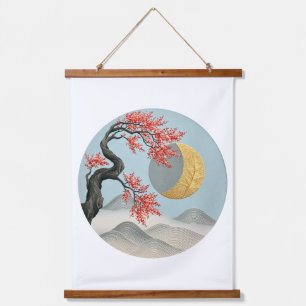 Minimalist Japanese Cherry Blossom Moon Landscape Hanging Tapestry