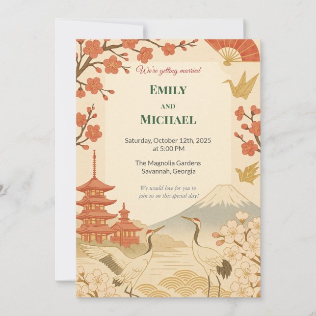 Minimalist Japanese Cherry Blossom Wedding Invitation (Front)