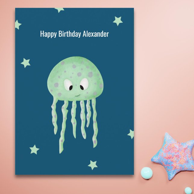 Minimalist Jellyfish Personalized Blue Birthday Card (Creator Uploaded)