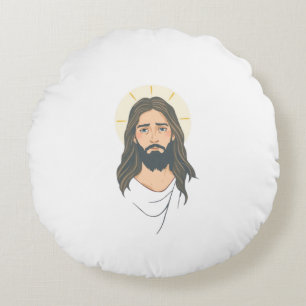 Minimalist Jesus with Blue Eyes – Pastel Christian Round Pillow