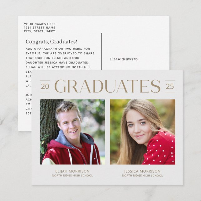 Minimalist Joint Graduation Gold Two Photos Grad Postcard (Front/Back)