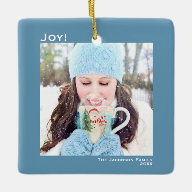 Minimalist Joy Simple Christmas Holiday Photo Blue Ceramic Ornament (Front)