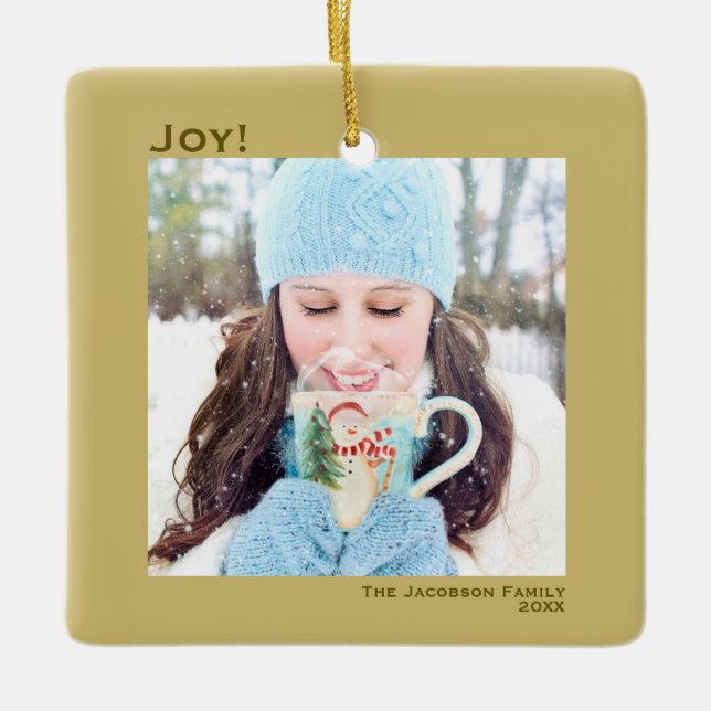 Minimalist Joy Simple Christmas Holiday Photo Gold Ceramic Ornament (Front)