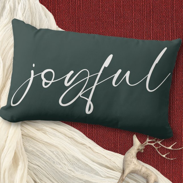 Minimalist Joyful Modern Calligraphy Dark Green  Lumbar Pillow (Plain on the back)