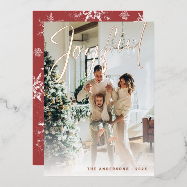 Minimalist Joyful Script Family Photo Snowflakes Foil Holiday Card (Front/Back)