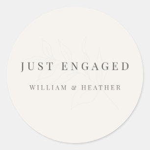 Minimalist ‘Just Engaged’ Botanical Warm White Classic Round Sticker