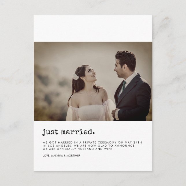 Minimalist Just married typewriter photo Postcard (Front)