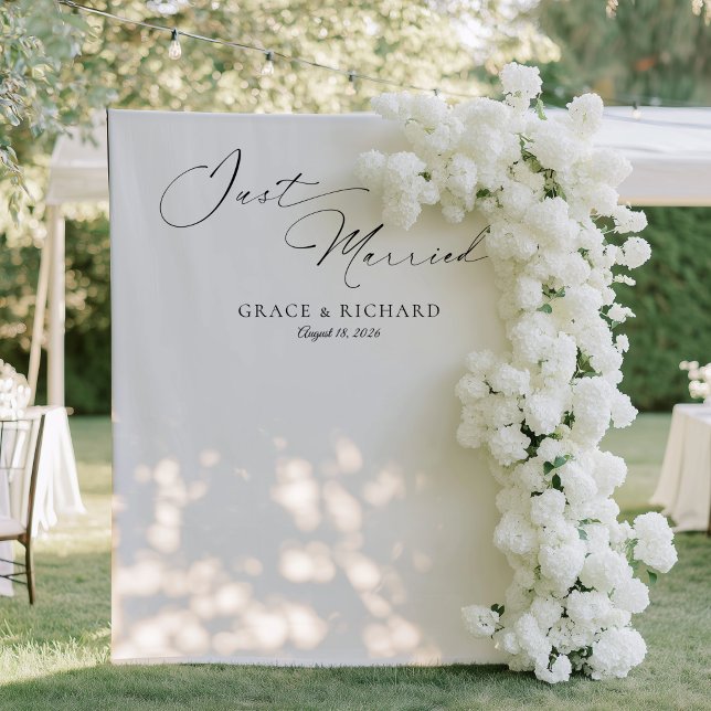 Minimalist Just Married Wedding Tapestry Backdrop  (Minimalist Just Married Fabric Tapestry Backdrop)