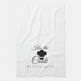 Minimalist Kiss the Cook Chef Hat Logo Kitchen Towel