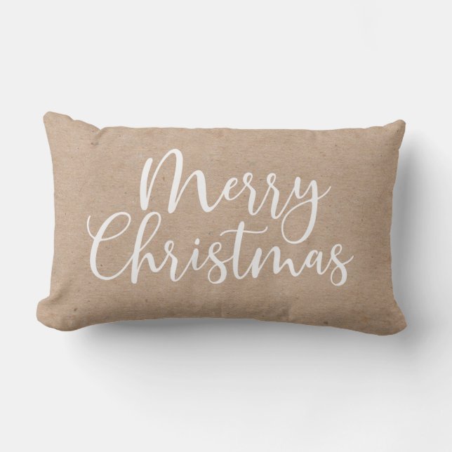 Minimalist Kraft Merry Christmas Script Lumbar Pillow (Front)