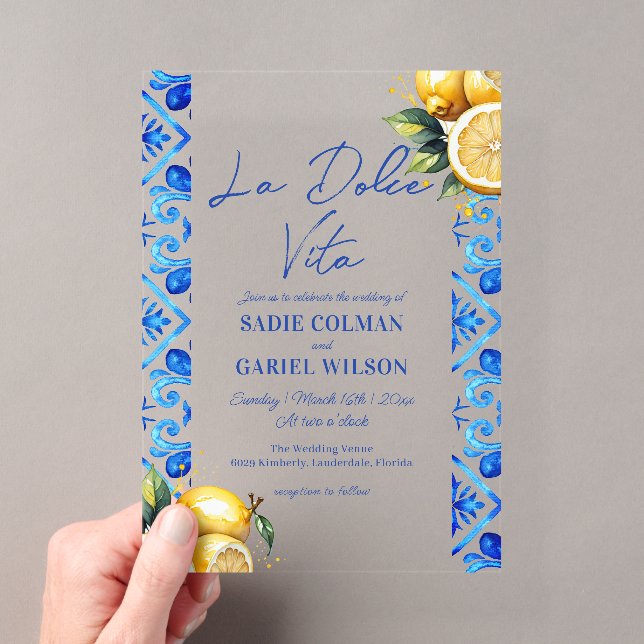 Minimalist La Dolce Vita Italian Lemon Wedding  Acrylic Invitations (Insitu (Handheld))