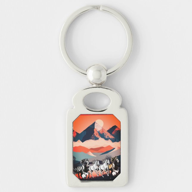 Minimalist Landscape Mountains & Running Horse -  Keychain (Front)