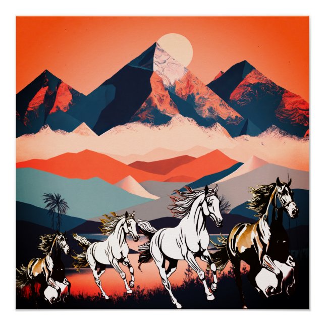 Minimalist Landscape Mountains & Running Horse -  Poster (Front)