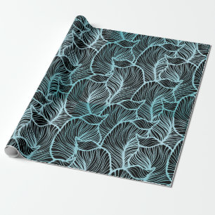 Minimalist Large Blue Leaves over Black Botanical  Wrapping Paper