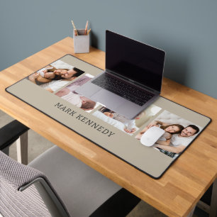 Minimalist Latte Beige 4 Photo Collage Custom Name Desk Mat